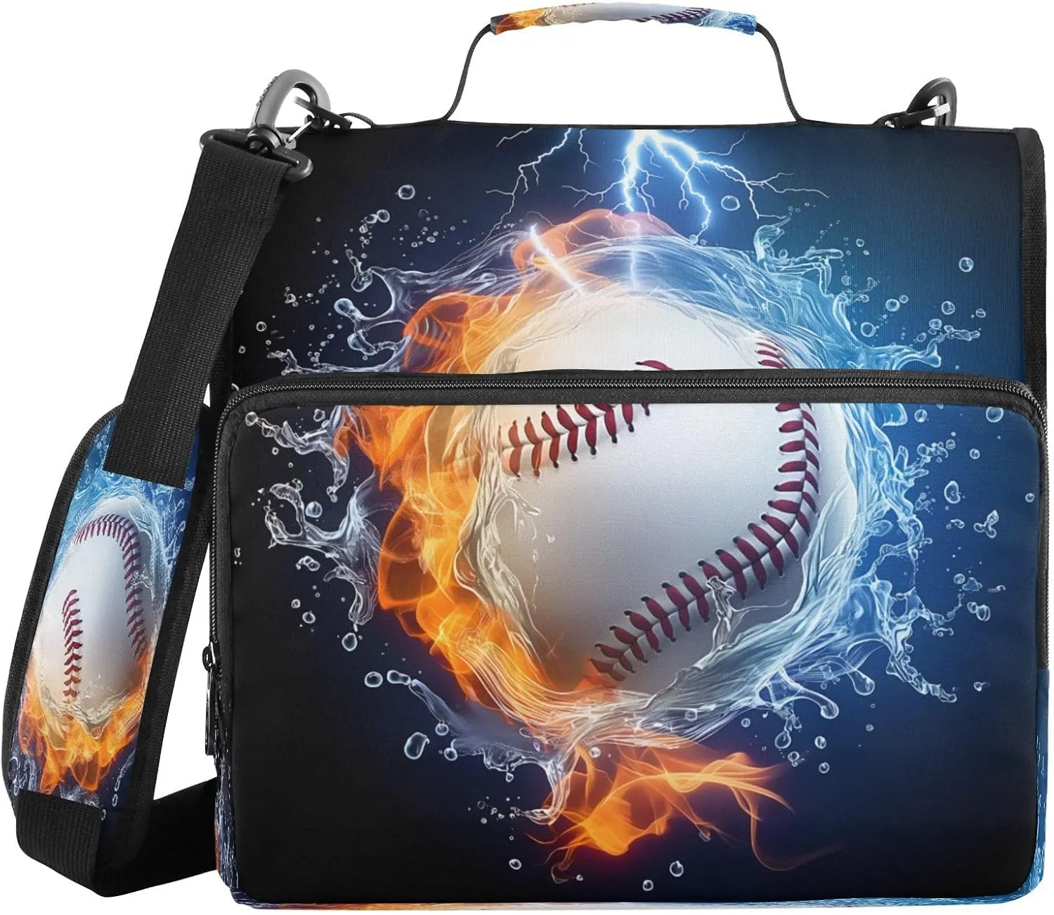 ATTX Baseball Water Fire Zipper Binder with Adjustable Padded Strap - 3 Ring 500 Sheet Capacity Binder Bag with Multi-Pocket Organizer, Fits 12 Inch Laptop#123