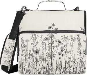 ATTX Black and White Flowers Zipper Binder with Adjustable Padded Strap - 3 Ring 500 Sheet Capacity Binder Bag with Multi-Pocket Organizer, Fits 12 Inch Laptop#140