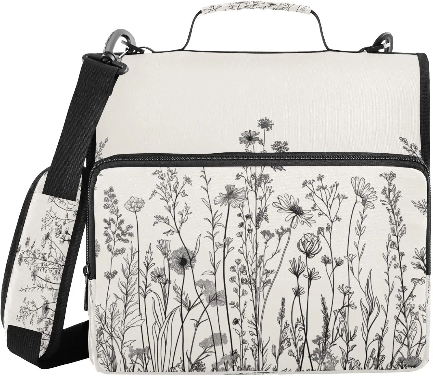 ATTX Black and White Flowers Zipper Binder with Adjustable Padded Strap - 3 Ring 500 Sheet Capacity Binder Bag with Multi-Pocket Organizer, Fits 12 Inch Laptop#140