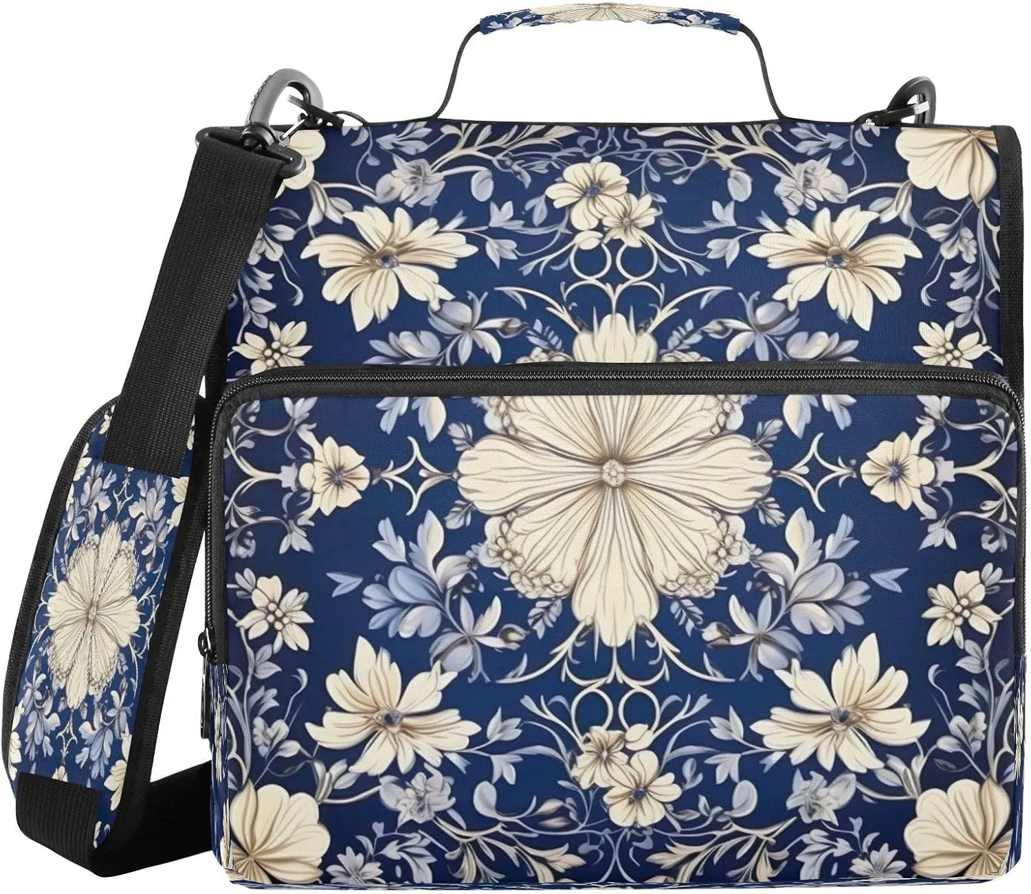 ATTX Blue White Pattern Zipper Binder with Adjustable Padded Strap - 3 Ring 500 Sheet Capacity Binder Bag with Multi-Pocket Organizer, Fits 12 Inch Laptop#407