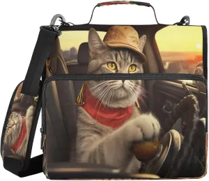 ATTX Cat Driving Car Zipper Binder with Adjustable Padded Strap - 3 Ring 500 Sheet Capacity Binder Bag with Multi-Pocket Organizer, Fits 12 Inch Laptop#271