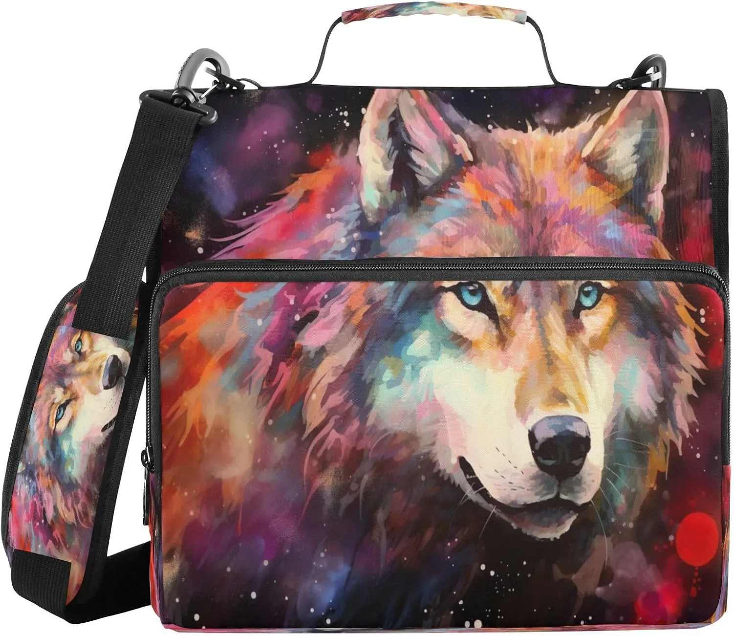 ATTX Colorful Wolf Zipper Binder with Adjustable Padded Strap - 3 Ring 500 Sheet Capacity Binder Bag with Multi-Pocket Organizer, Fits 12 Inch Laptop#583
