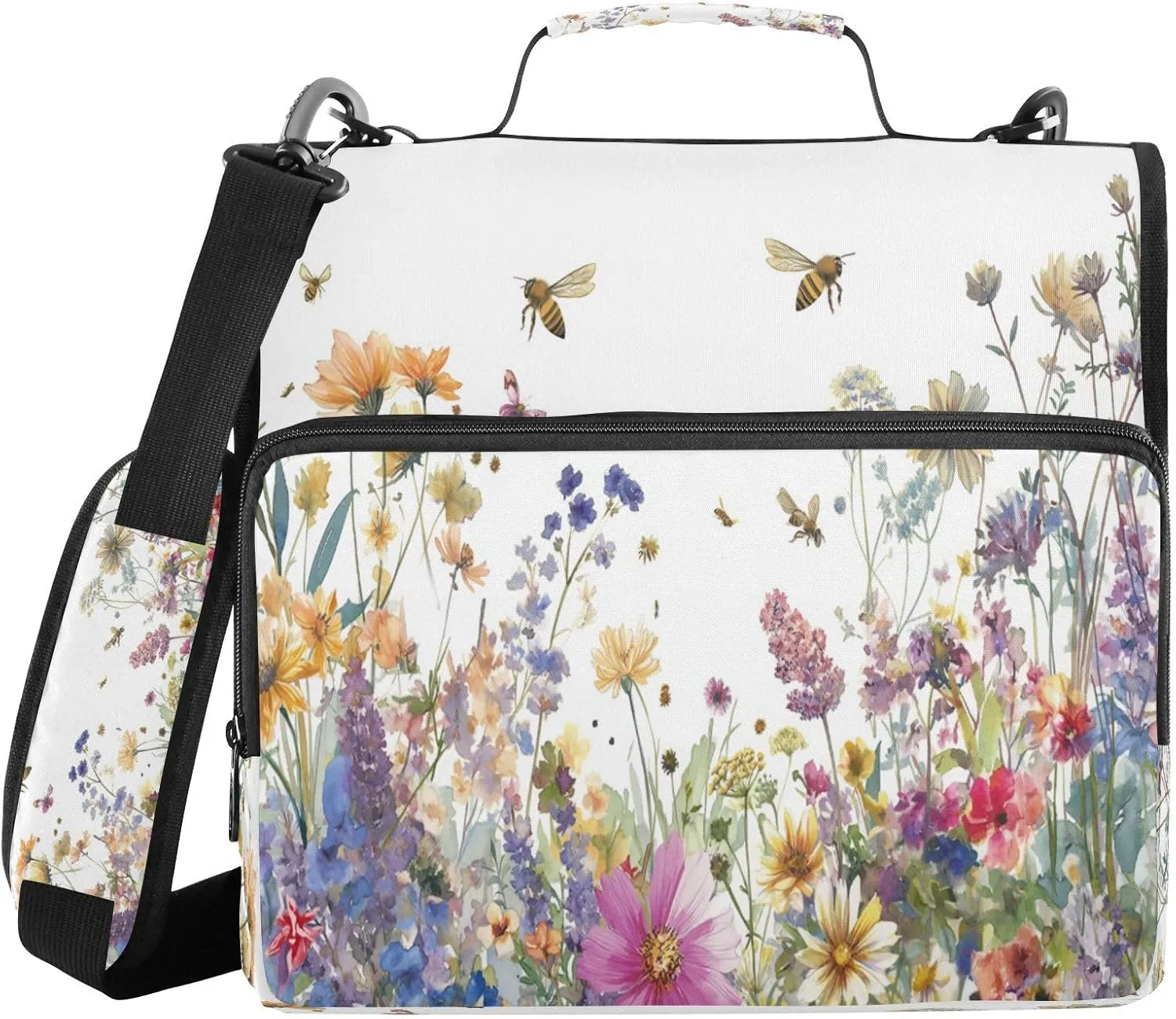 ATTX Herbs and Wild Flowers Zipper Binder with Adjustable Padded Strap - 3 Ring 500 Sheet Capacity Binder Bag with Multi-Pocket Organizer, Fits 12 Inch Laptop#150