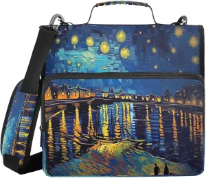 ATTX Starry Night Painting Zipper Binder with Adjustable Padded Strap - 3 Ring 500 Sheet Capacity Binder Bag with Multi-Pocket Organizer, Fits 12 Inch Laptop#518