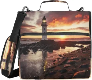 ATTX Sunset Lighthouse Zipper Binder with Adjustable Padded Strap - 3 Ring 500 Sheet Capacity Binder Bag with Multi-Pocket Organizer, Fits 12 Inch Laptop#373