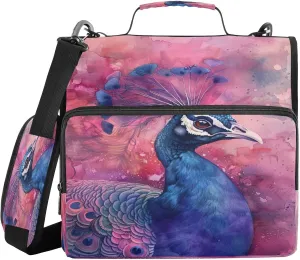 ATTX Watercolor Peacock Zipper Binder with Adjustable Padded Strap - 3 Ring 500 Sheet Capacity Binder Bag with Multi-Pocket Organizer, Fits 12 Inch Laptop#651