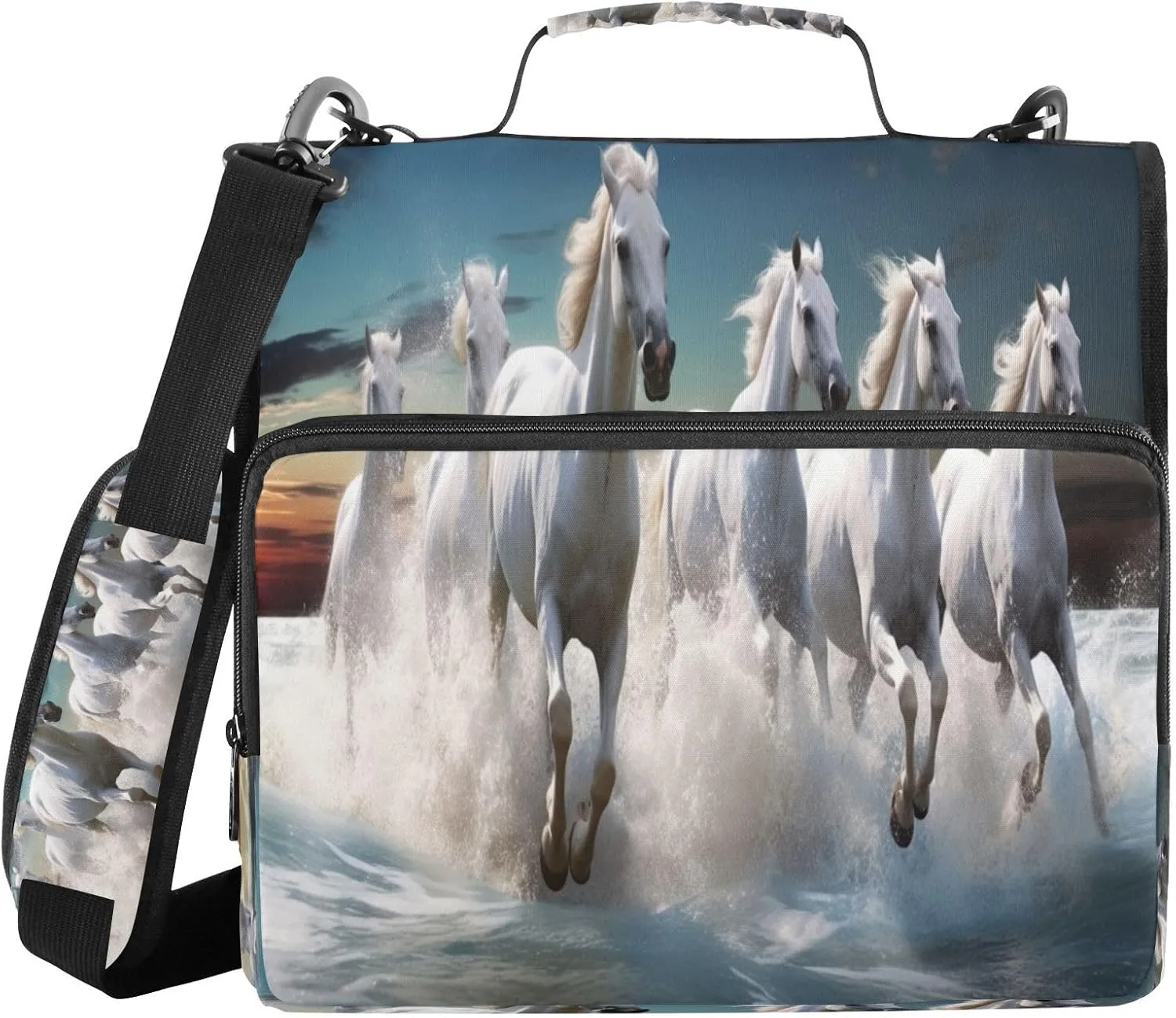 ATTX White Horses Zipper Binder with Adjustable Padded Strap - 3 Ring 500 Sheet Capacity Binder Bag with Multi-Pocket Organizer, Fits 12 Inch Laptop#304