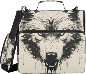 ATTX Wolf Head Zipper Binder with Adjustable Padded Strap - 3 Ring 500 Sheet Capacity Binder Bag with Multi-Pocket Organizer, Fits 12 Inch Laptop#49