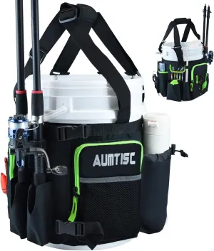AUMTISC Fishing Bucket Organizer for 5 Gallon Bucket, Ice Fishing Tackle Bags for Men with Adjustable Buckle, Rod and Tackle Boxes Holder, Multi-Pockets for Fishing Gear & Equipment
