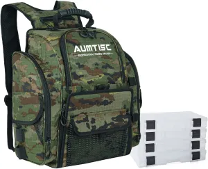 AUMTISC Fishing Tackle Bag Backpack for Men with 4 Tackle Boxes, 2 Rod Holder, Rain Cover, Large Fishing Equipment Gear Bags for Camping, Hiking