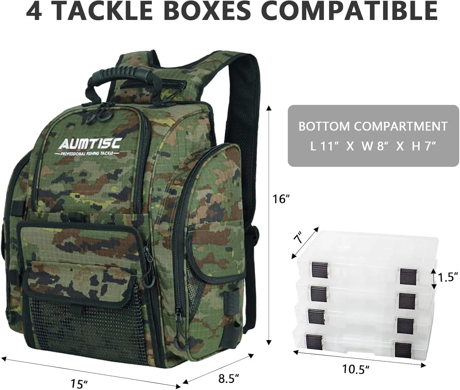 AUMTISC Fishing Tackle Bag Backpack for Men with 4 Tackle Boxes, 2 Rod Holder, Rain Cover, Large Fishing Equipment Gear Bags for Camping, Hiking
