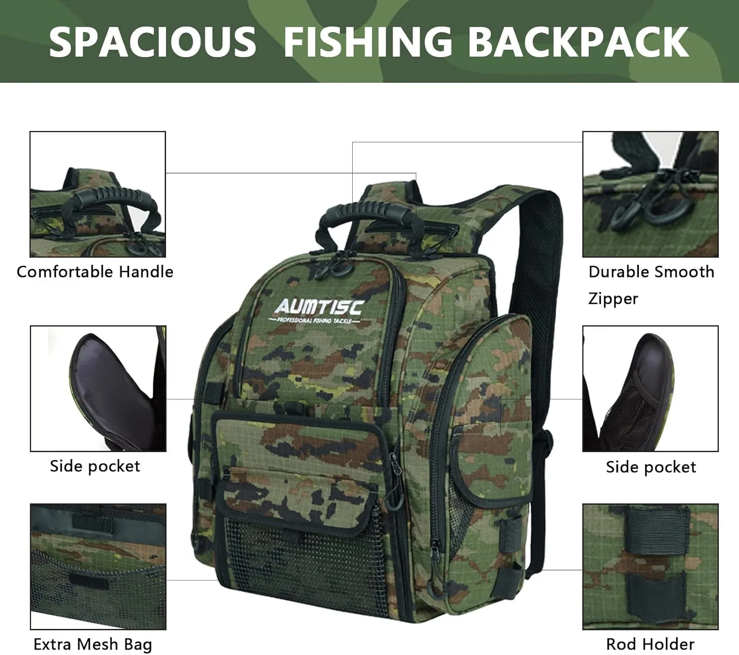 AUMTISC Fishing Tackle Bag Backpack for Men with 4 Tackle Boxes, 2 Rod Holder, Rain Cover, Large Fishing Equipment Gear Bags for Camping, Hiking