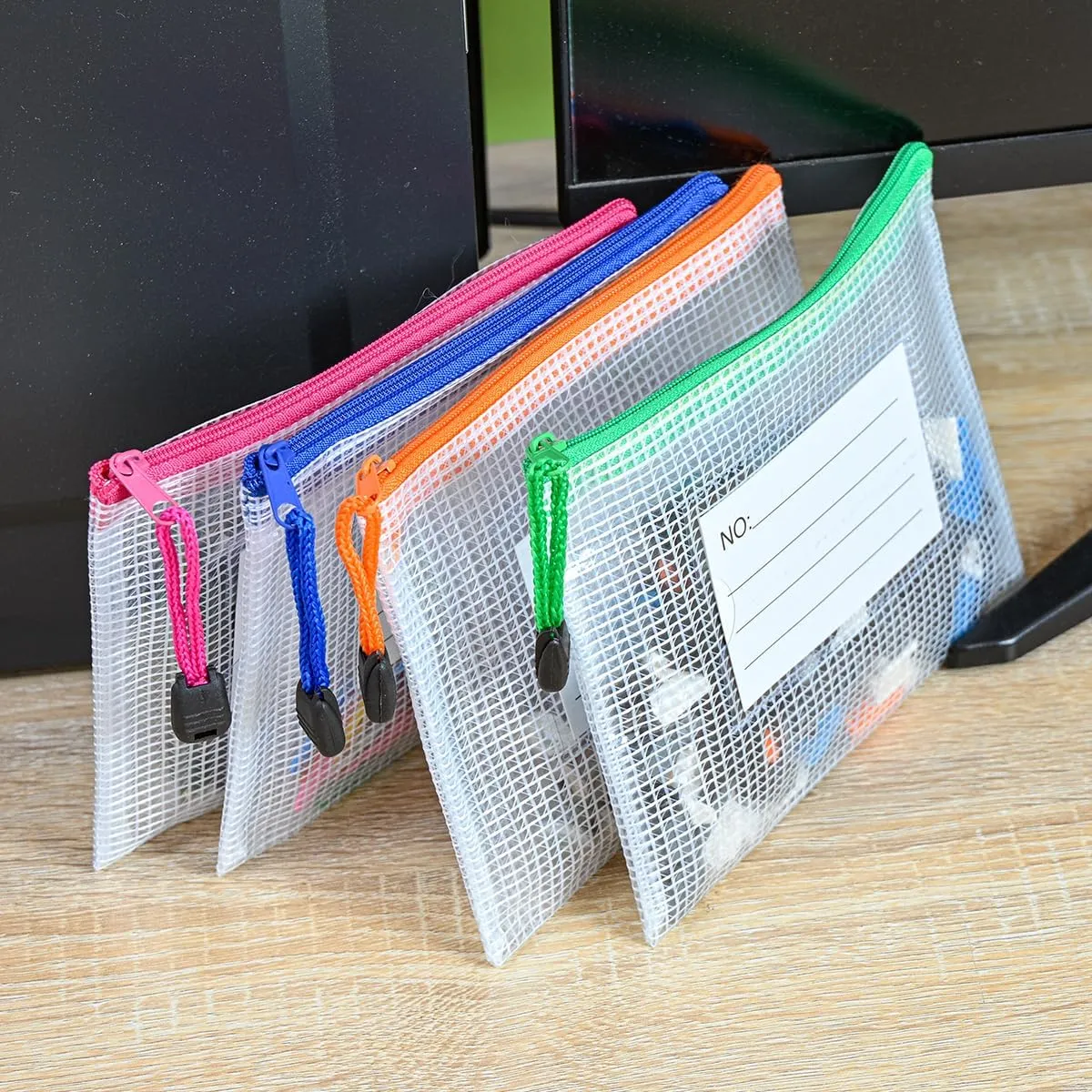 AUSTARK Plastic Mesh Zipper Pouch, 12Pcs Zipper File Bags with Label Pocket, Game Boards Storage Bags, Waterproof Document Storage Bags for Office Home Travel Cosmetic (A6 Size 6.3x4.7 in)