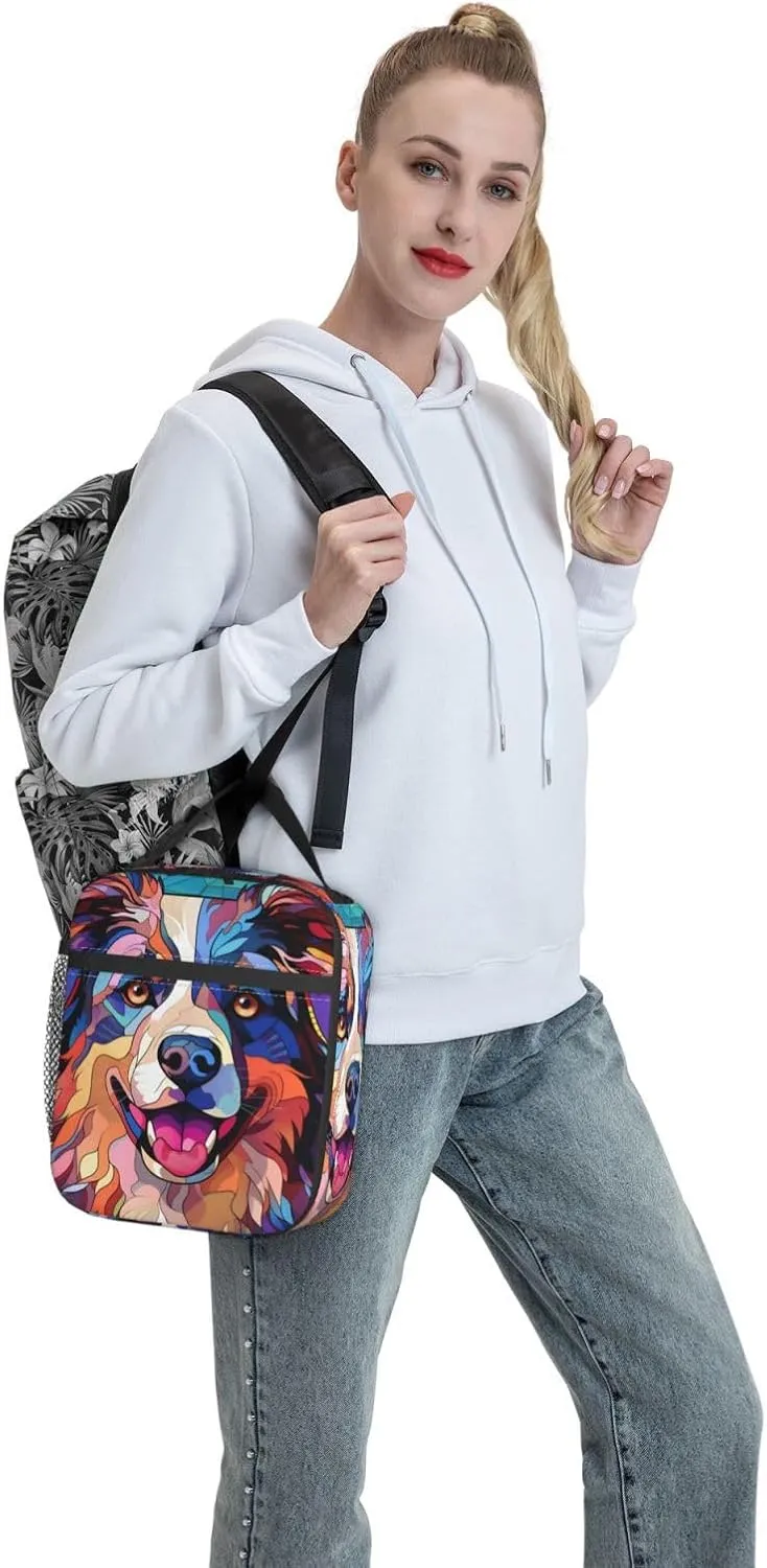 Australian Shepherd Stained Dog Breed Glass Art Insulated Lunch Box For Women Man, Portable Lunch Bag Reusable Cooler Tote For Office Work Travel Picnic Camping Beach