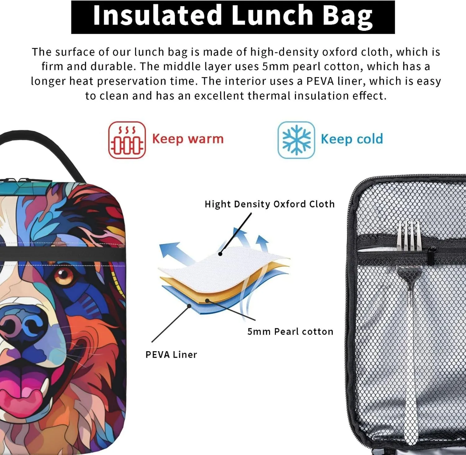 Australian Shepherd Stained Dog Breed Glass Art Insulated Lunch Box For Women Man, Portable Lunch Bag Reusable Cooler Tote For Office Work Travel Picnic Camping Beach
