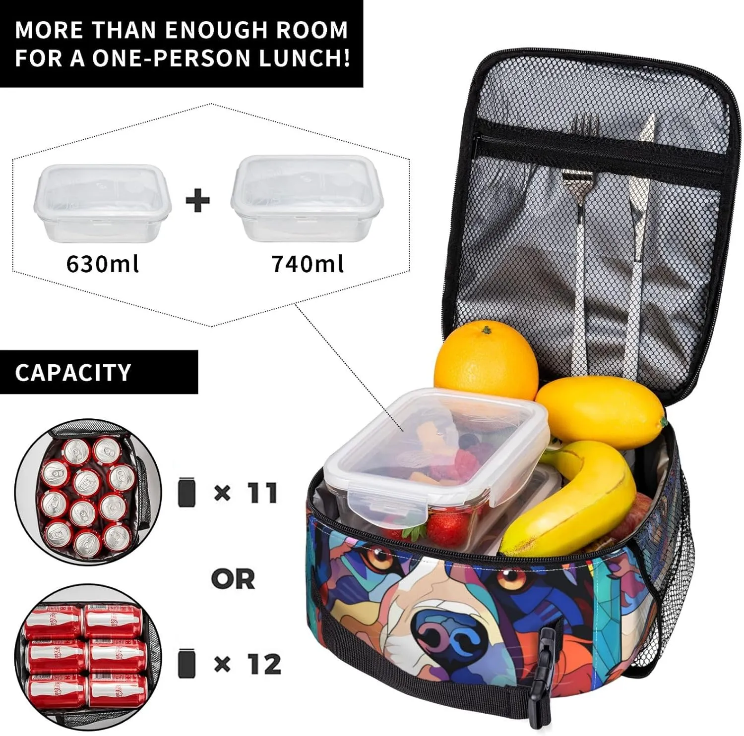 Australian Shepherd Stained Dog Breed Glass Art Insulated Lunch Box For Women Man, Portable Lunch Bag Reusable Cooler Tote For Office Work Travel Picnic Camping Beach