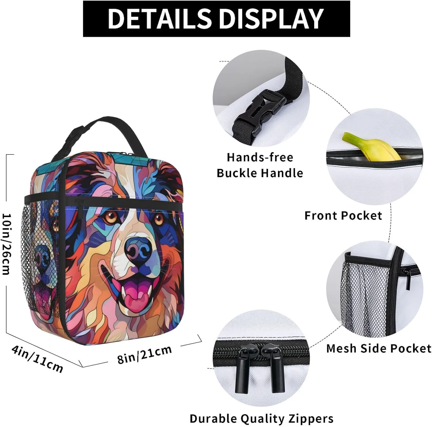 Australian Shepherd Stained Dog Breed Glass Art Insulated Lunch Box For Women Man, Portable Lunch Bag Reusable Cooler Tote For Office Work Travel Picnic Camping Beach