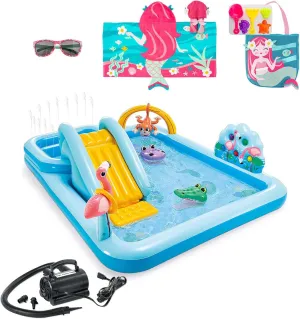 Aventis Kids Jungle Adventure Inflatable Play Center Fun in The Sun Water Pool Bundle with Matching Adorable Mermaid Hooded Towel, Beach Tote, Classic Sunglasses, & Electric Air Pump for Ages 3 