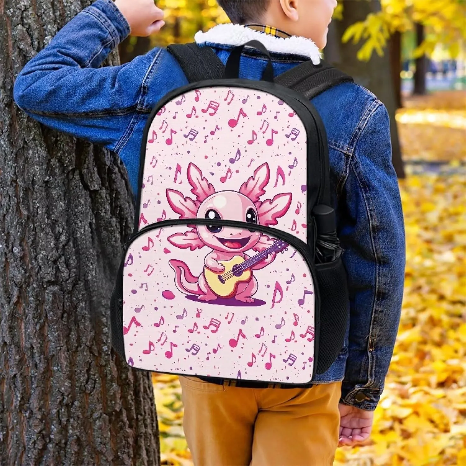 Axolotl Music Notes Pink Pattern Kids Backpack for Boys Girls Elementary Students Bookbag Middle School Bag Lightweight Children Travel Bag Backpacks Laptop Bag
