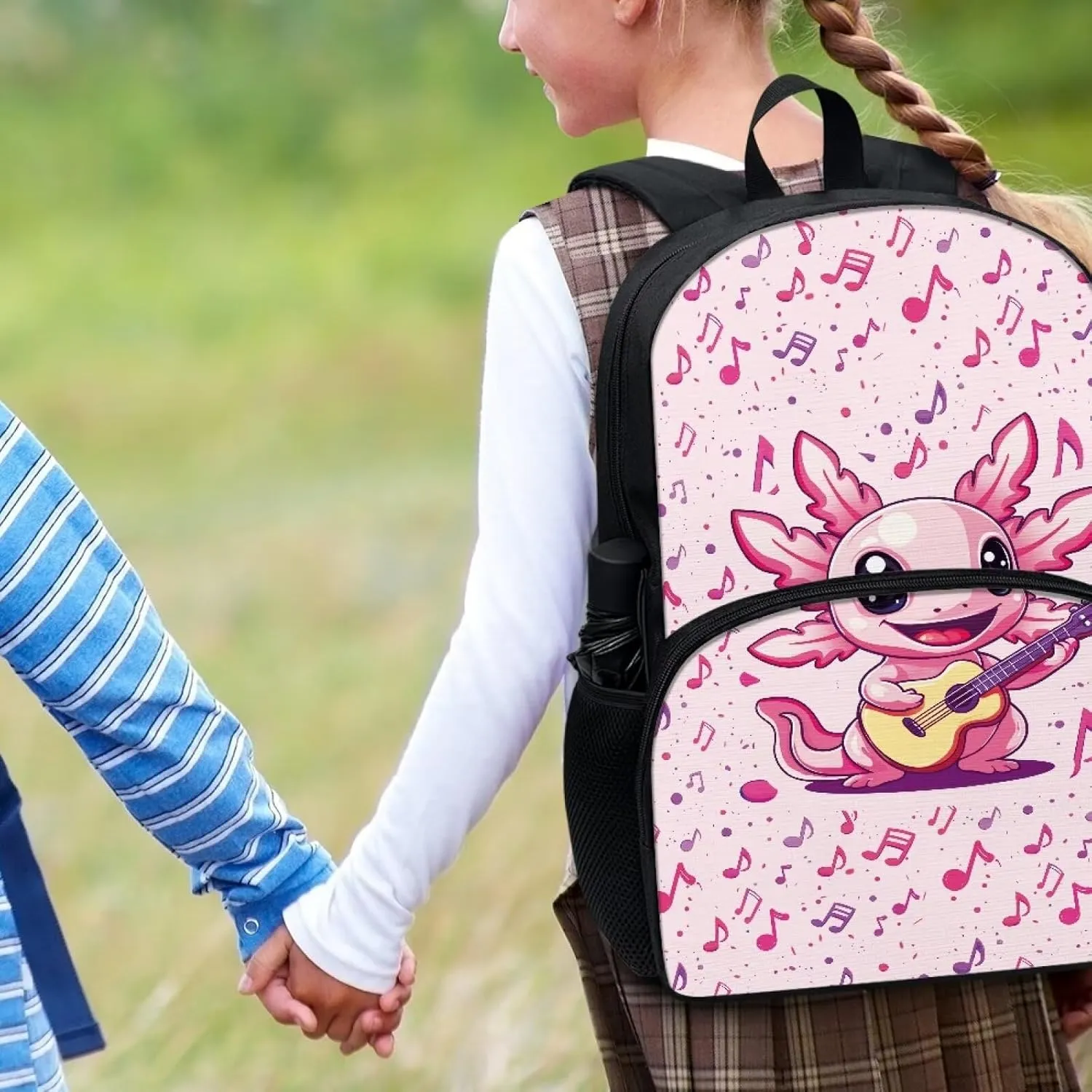 Axolotl Music Notes Pink Pattern Kids Backpack for Boys Girls Elementary Students Bookbag Middle School Bag Lightweight Children Travel Bag Backpacks Laptop Bag