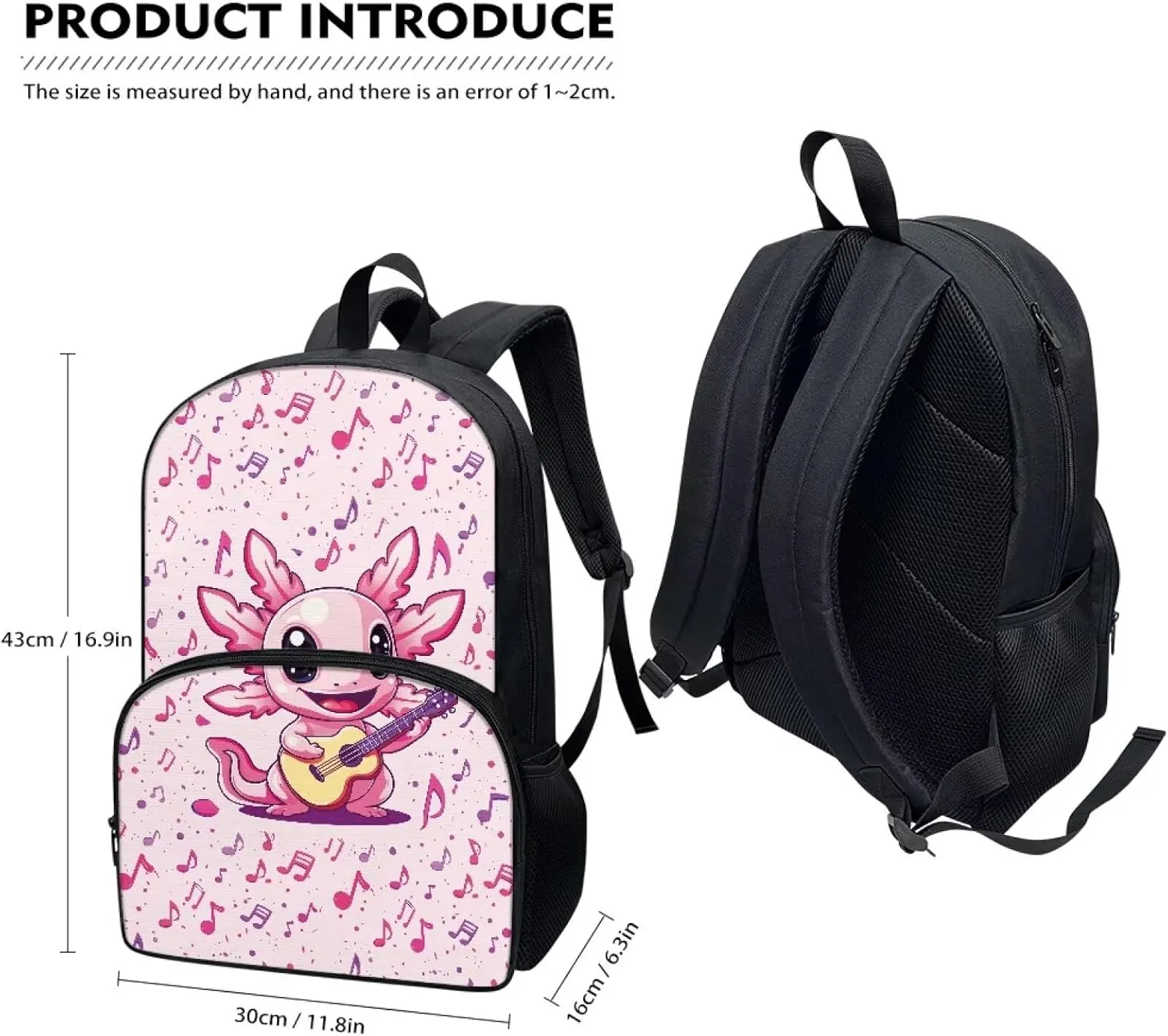 Axolotl Music Notes Pink Pattern Kids Backpack for Boys Girls Elementary Students Bookbag Middle School Bag Lightweight Children Travel Bag Backpacks Laptop Bag