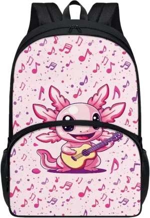 Axolotl Music Notes Pink Pattern Kids Backpack for Boys Girls Elementary Students Bookbag Middle School Bag Lightweight Children Travel Bag Backpacks Laptop Bag
