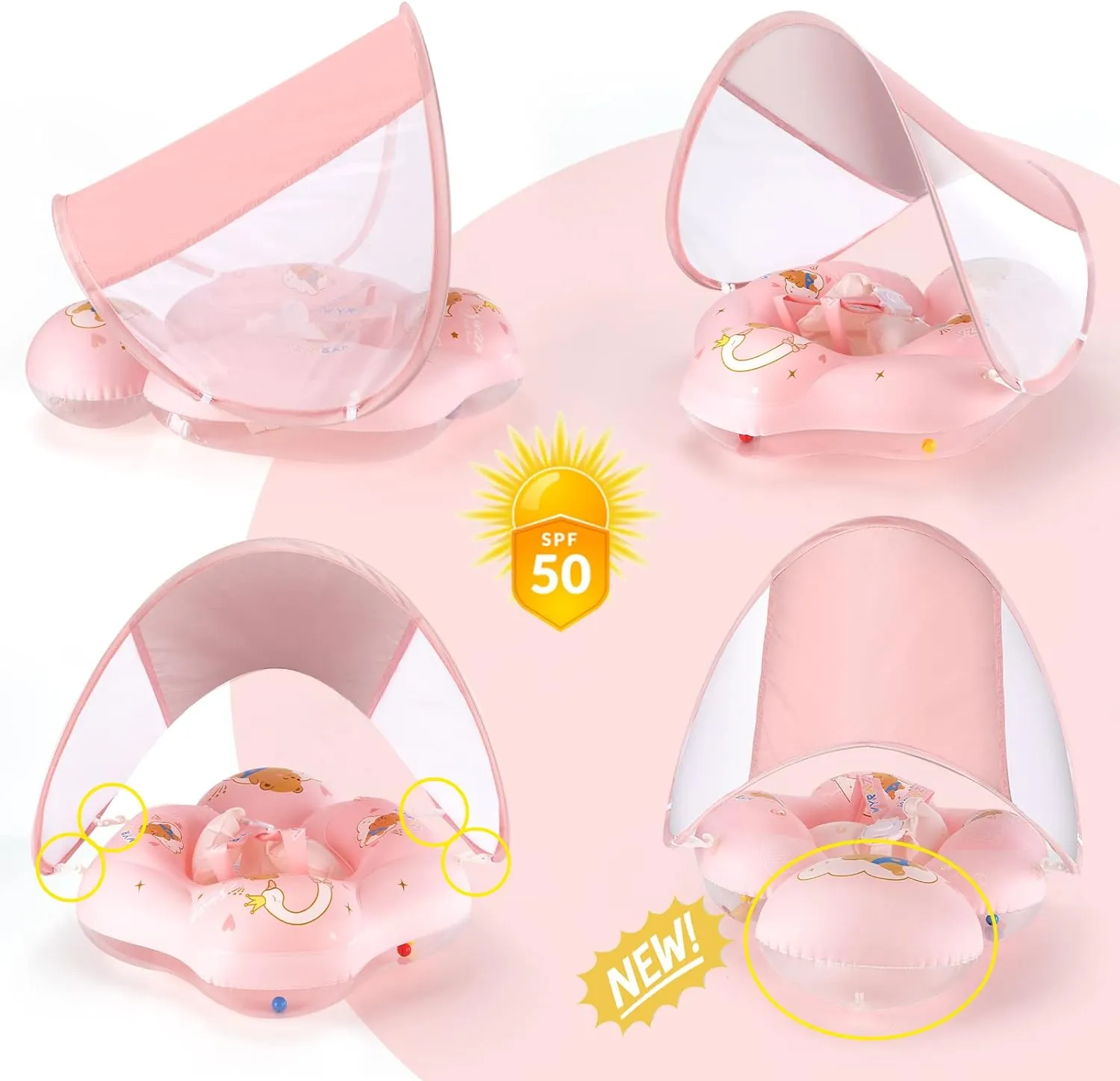 Baby Float with Canopy UPF50  Sun Protection for Infant Newborn Toddler Inflatable Swimming Spring Swim Water Float 0-36 Months with Balance Ball Safety Seat