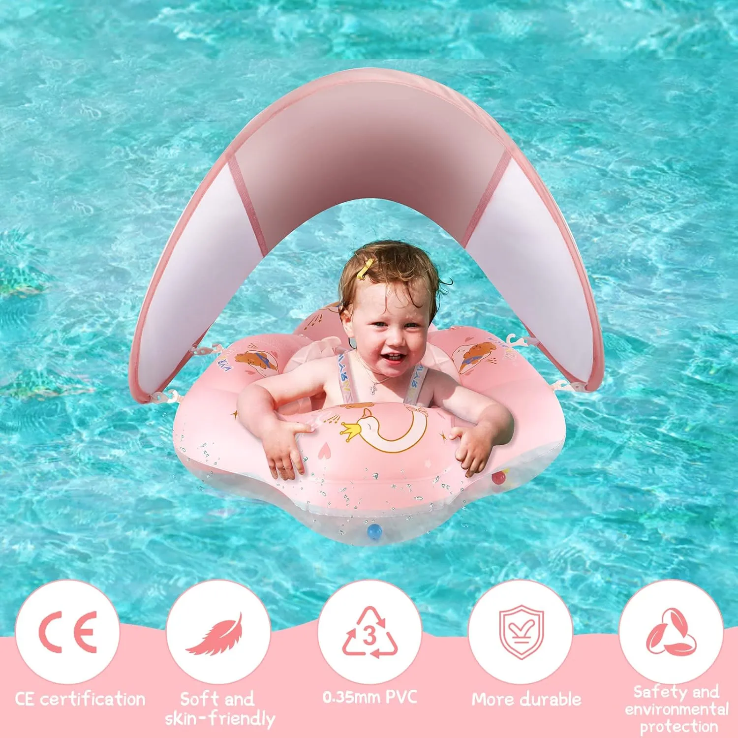 Baby Float with Canopy UPF50  Sun Protection for Infant Newborn Toddler Inflatable Swimming Spring Swim Water Float 0-36 Months with Balance Ball Safety Seat