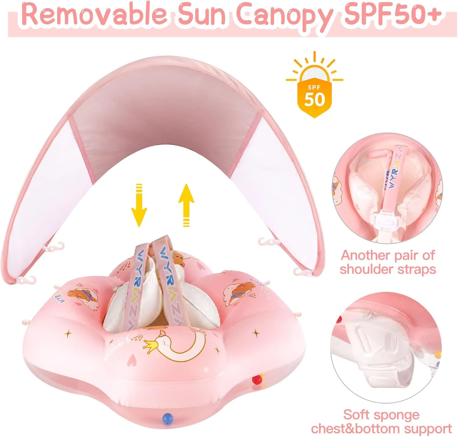 Baby Float with Canopy UPF50  Sun Protection for Infant Newborn Toddler Inflatable Swimming Spring Swim Water Float 0-36 Months with Balance Ball Safety Seat