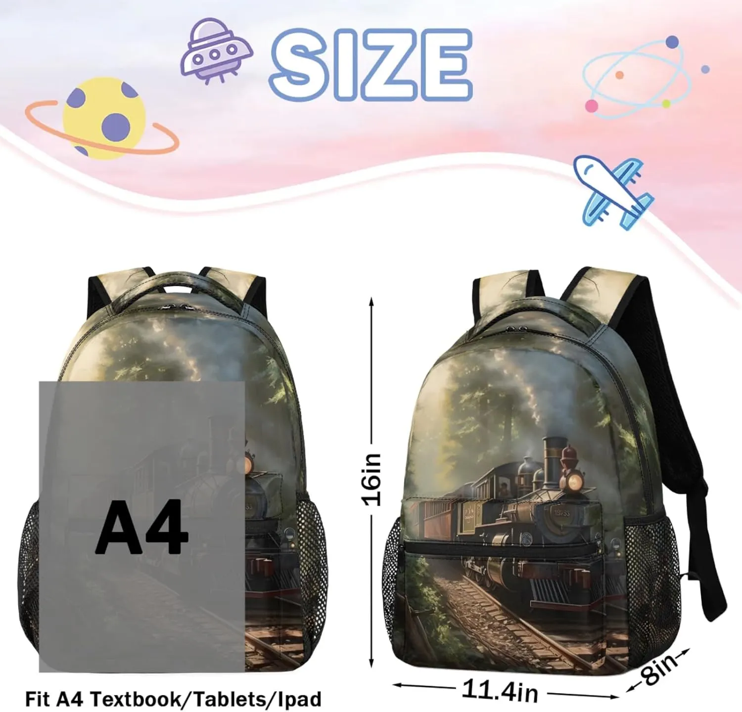 Backpack for School, School Backpacks for Girls Kids Boys Steam Trains Lightweight Adjustable Straps Large Capacity Bookbag Casual Travel Daypack Laptop Bag