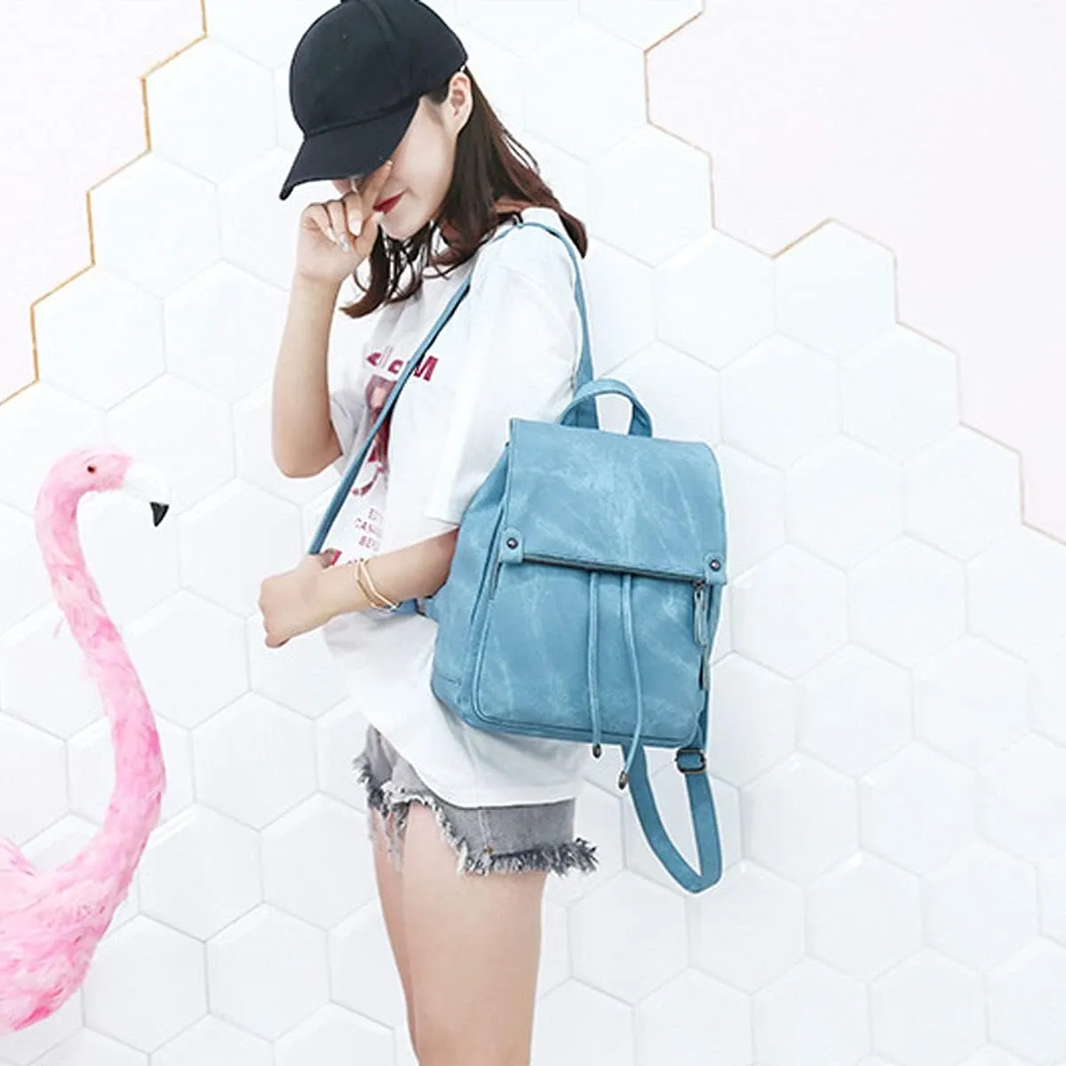 Backpacks and Purses for Women Waterproof Anti-theft Lightweight PU Leather Nylon Shoulder Bag Travel Rucksack, Blue, One Size