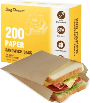 BagDream Paper Sandwich Bags 7.9x6.3x1.96" 200ct Recyclable Kitchens Paper Sack Sandwich Bags, Sealable with Thank You Stickers, Unbleached Natural Kraft Paper Bags