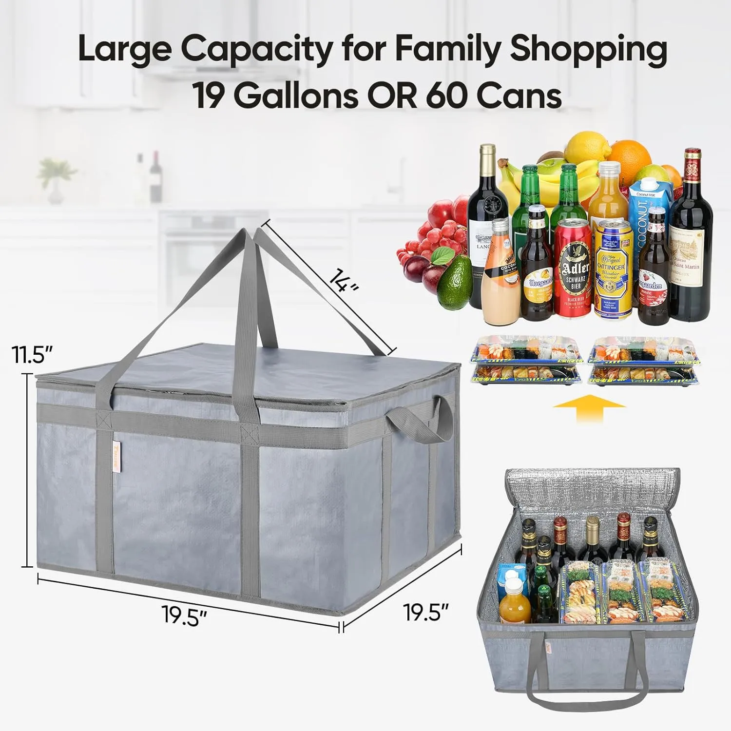 BALEINE 2Pk Insulated Reusable Grocery Bags, Collapsible Cooler Bag for Groceries, Heavy Duty Large Insulated Bag (19.5''x19.5''x11.5'', Urban Gray)