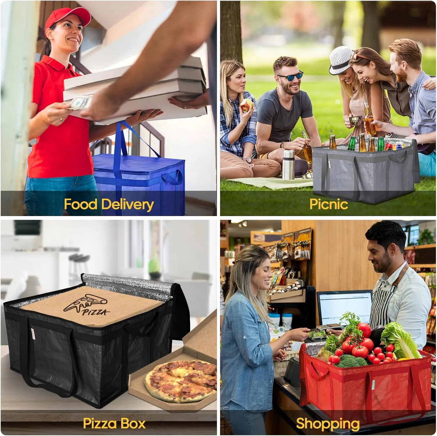 BALEINE 2Pk Insulated Reusable Grocery Bags, Collapsible Cooler Bag for Groceries, Heavy Duty Large Insulated Bag (19.5''x19.5''x11.5'', Urban Gray)