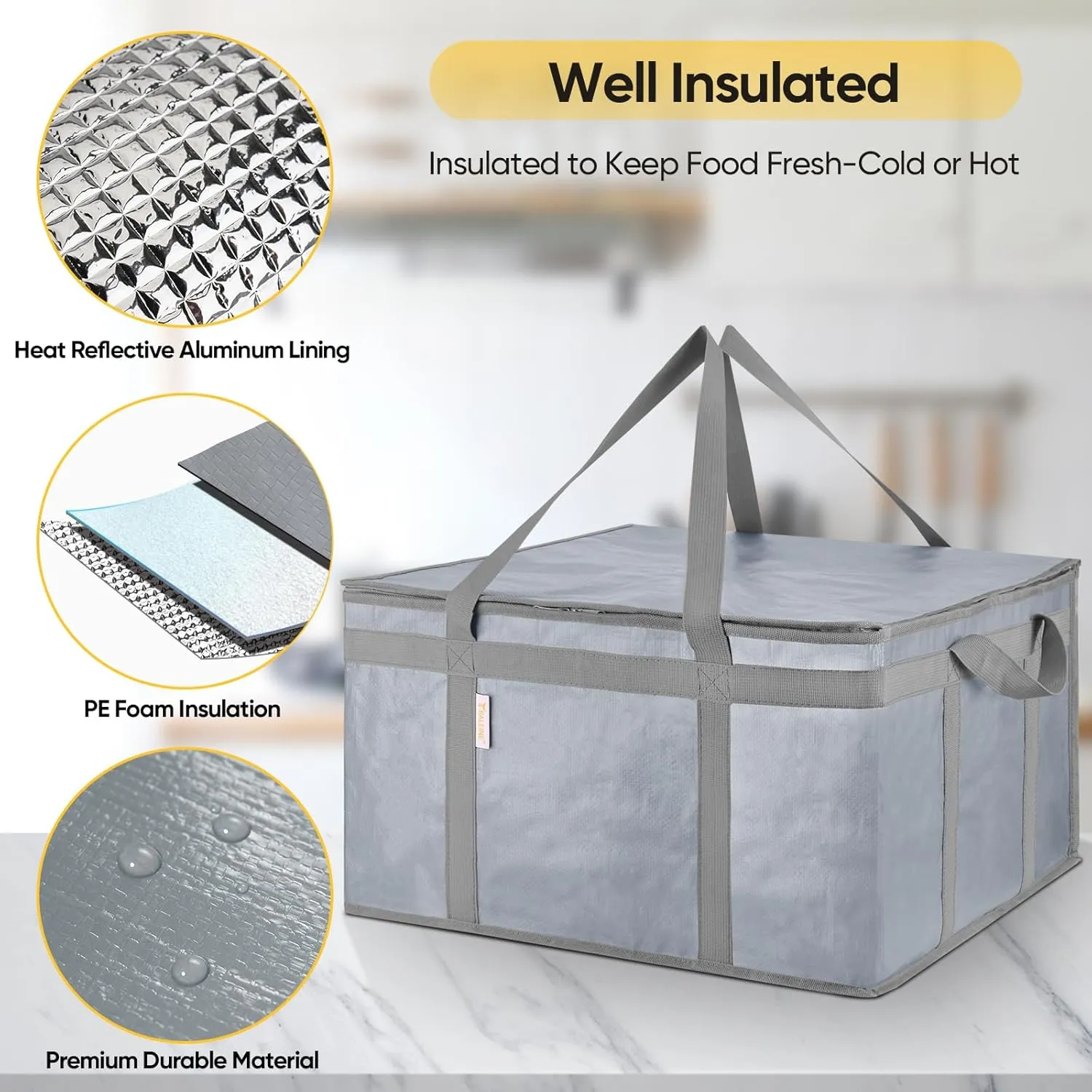 BALEINE 2Pk Insulated Reusable Grocery Bags, Collapsible Cooler Bag for Groceries, Heavy Duty Large Insulated Bag (19.5''x19.5''x11.5'', Urban Gray)