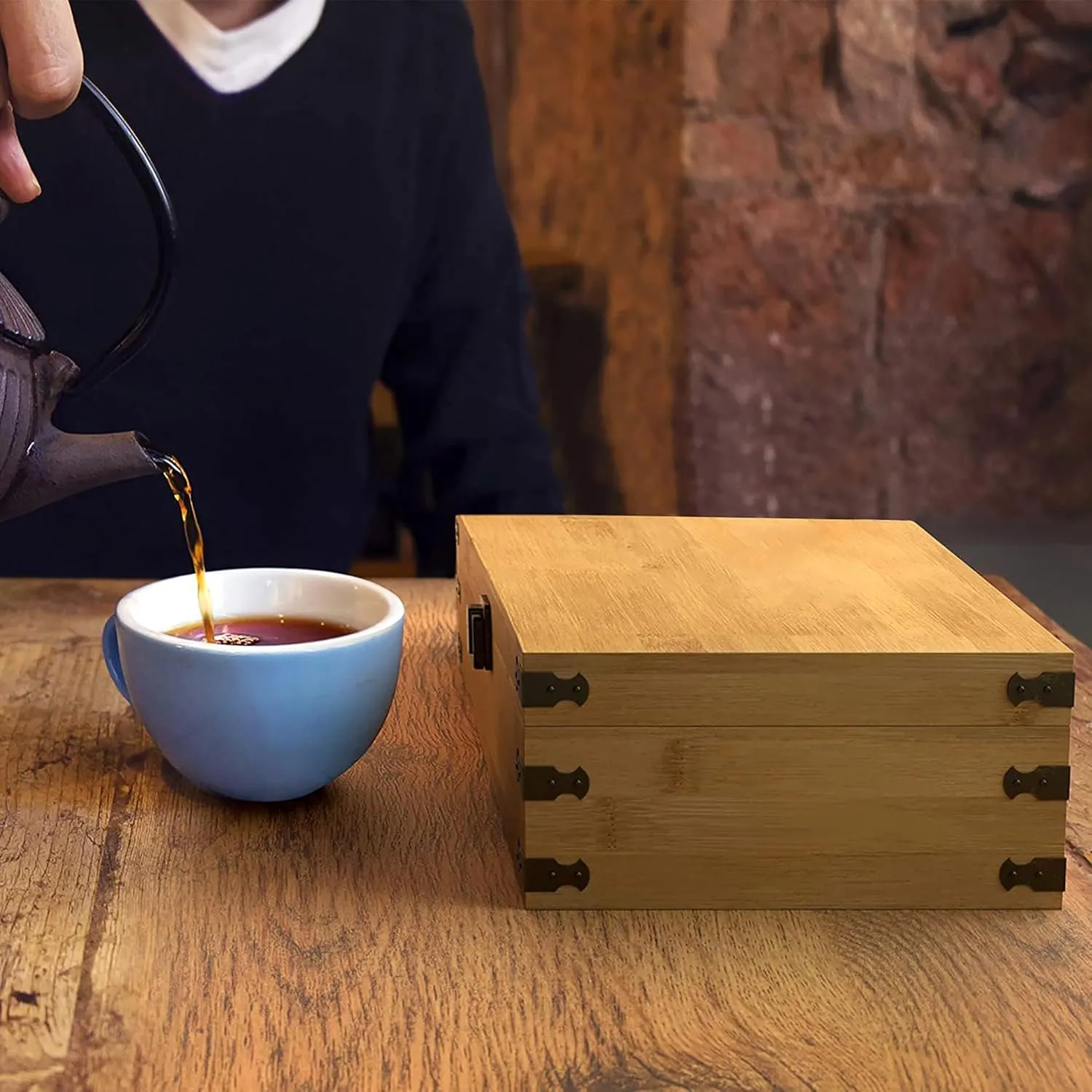 Bamboo Tea Organizer Box Chemical Free Eco-Friendly Big, Tall, Adjustable Cubbies Natural Wooden Storage Chest (4-Slot Square 7.4" x 8.1" x 4.2")