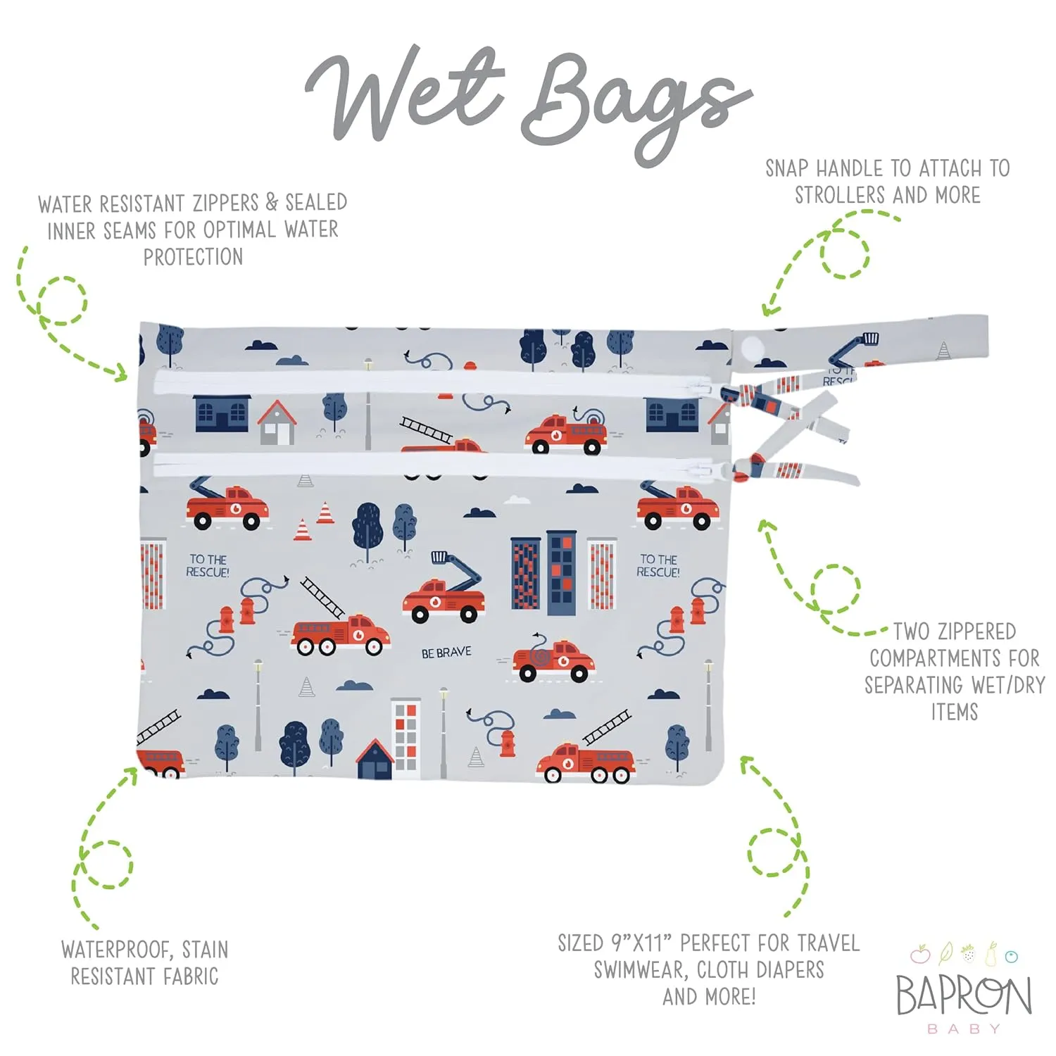 BapronBaby Be Brave Firefighter Wet Dry Bag - Waterproof Two Zipper Pockets - Reusable for Mealtime, Diapers, Stroller, Snacks, Swimsuits - Machine Washable - 11" x 9"