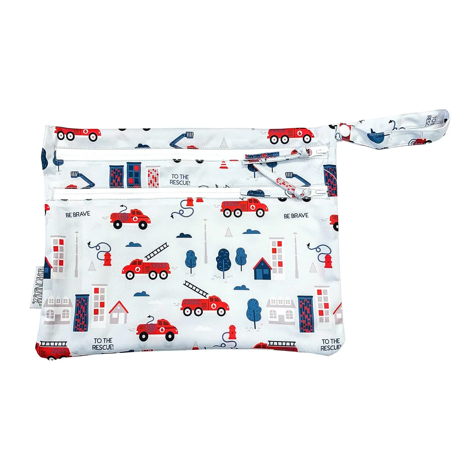 BapronBaby Be Brave Firefighter Wet Dry Bag - Waterproof Two Zipper Pockets - Reusable for Mealtime, Diapers, Stroller, Snacks, Swimsuits - Machine Washable - 11" x 9"