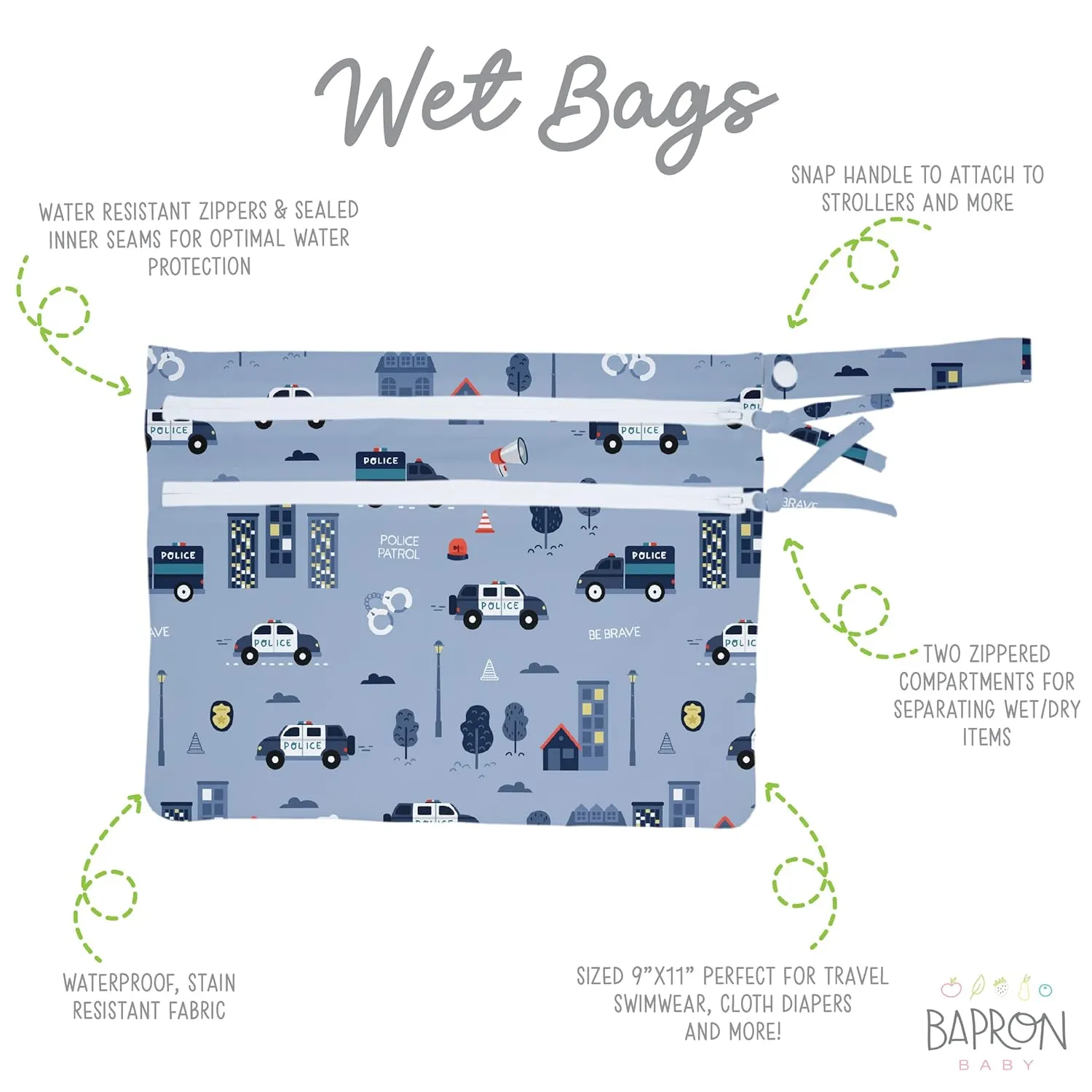 BapronBaby Be Brave Police Patrol Wet Dry Bag - Waterproof Two Zipper Pockets - Reusable for Mealtime, Diapers, Stroller, Snacks, Swimsuits - Machine Washable - 11" x 9"