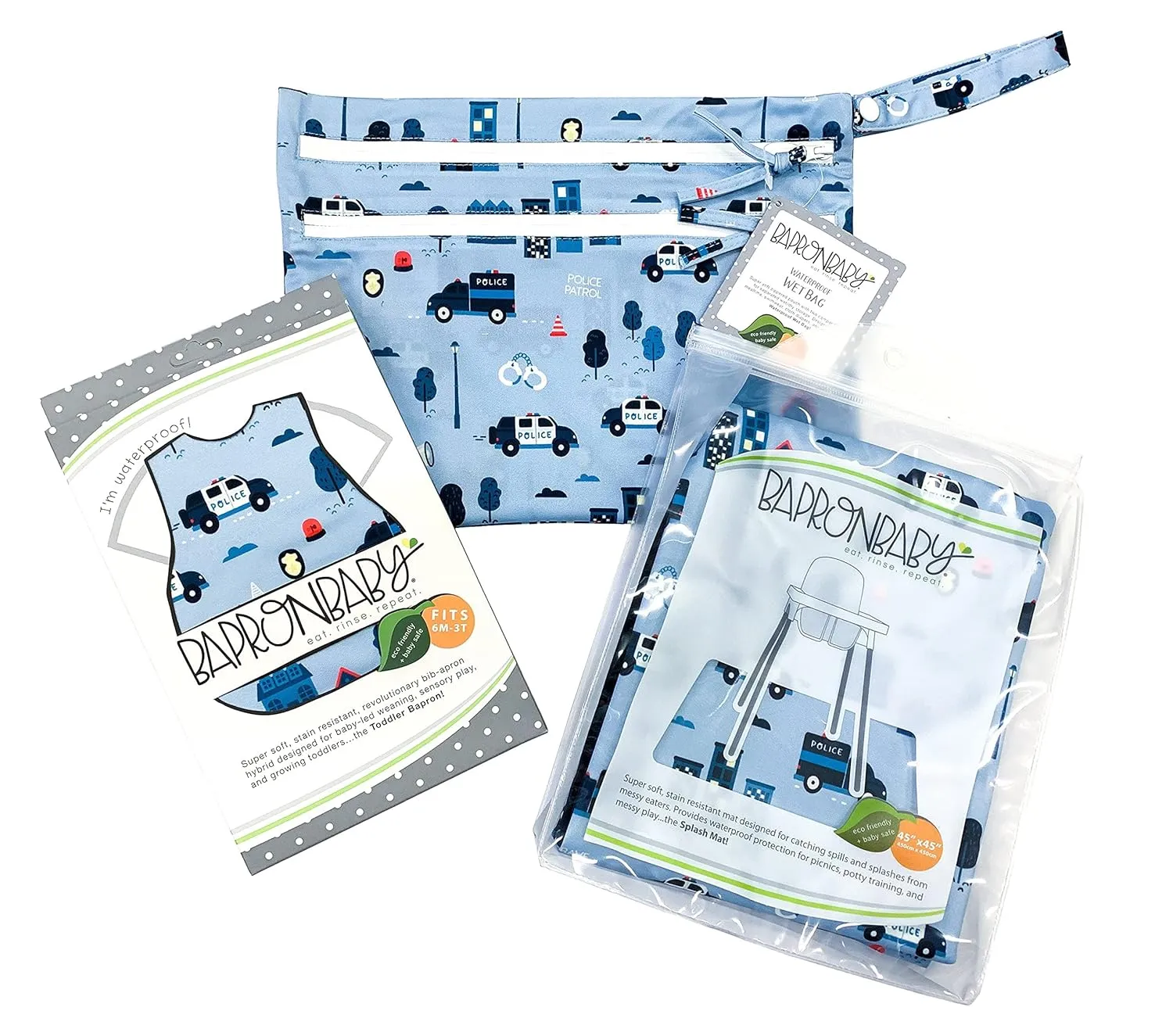 BapronBaby Be Brave Police Patrol Wet Dry Bag - Waterproof Two Zipper Pockets - Reusable for Mealtime, Diapers, Stroller, Snacks, Swimsuits - Machine Washable - 11" x 9"