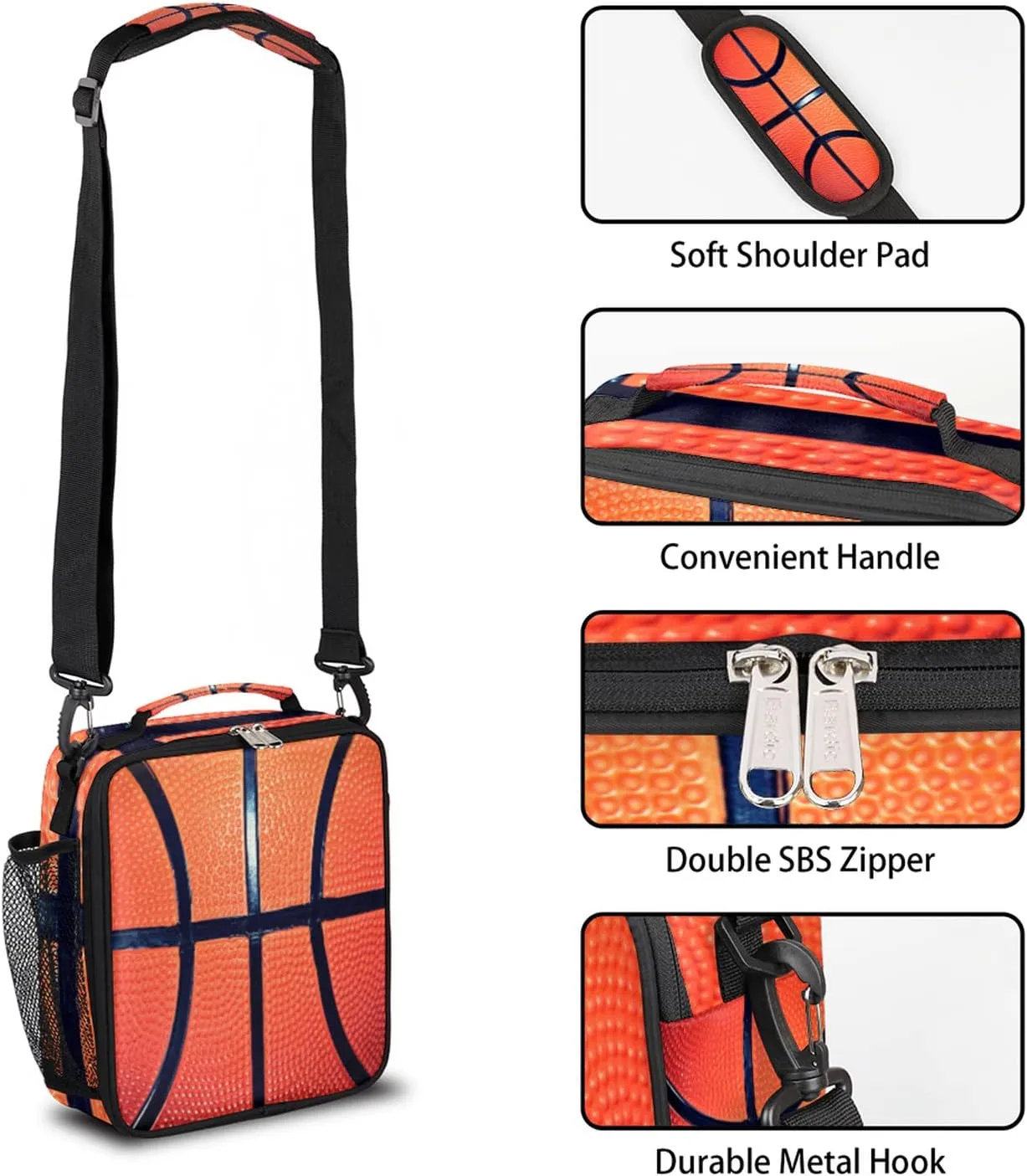 Bardic Basketball Lunch Box for Kids, Texture Ball Sport Insulated Lunch Bag for Boys Girls, Reusable Waterproof Lunch Box with Adjustable Shoulder Strap Cooler Tote Bag for School, Work, Picnic…