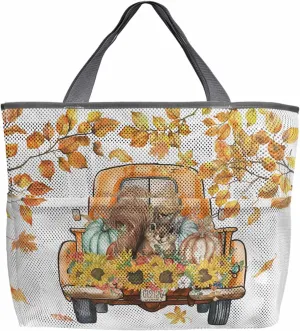 Beach Bag for Women Mesh Tote Bags Squirrel Sunflower Truck Autumn Thanksgiving Pool Bag with Pockets Travel Tote Bags