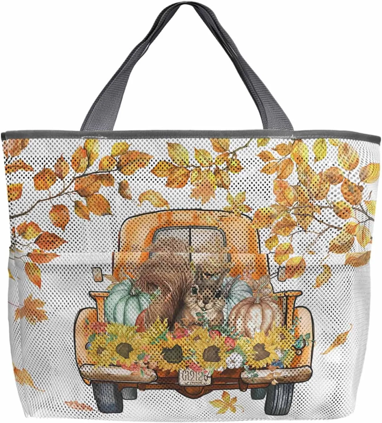 Beach Bag for Women Mesh Tote Bags Squirrel Sunflower Truck Autumn Thanksgiving Pool Bag with Pockets Travel Tote Bags