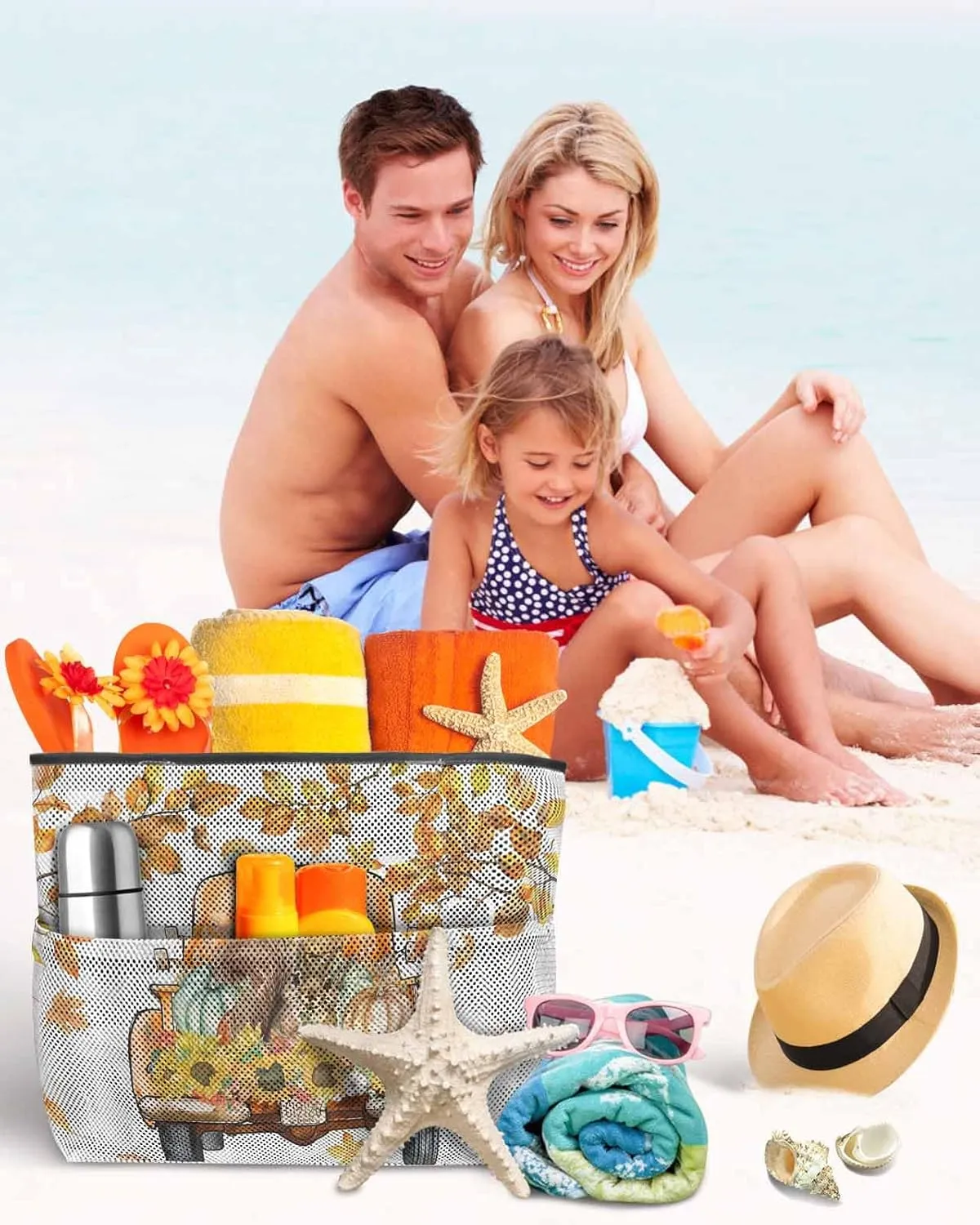 Beach Bag for Women Mesh Tote Bags Squirrel Sunflower Truck Autumn Thanksgiving Pool Bag with Pockets Travel Tote Bags