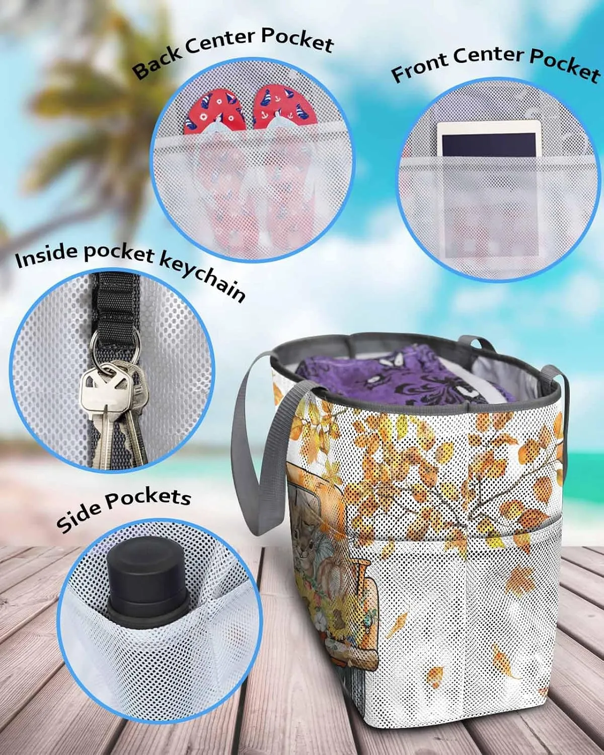 Beach Bag for Women Mesh Tote Bags Squirrel Sunflower Truck Autumn Thanksgiving Pool Bag with Pockets Travel Tote Bags