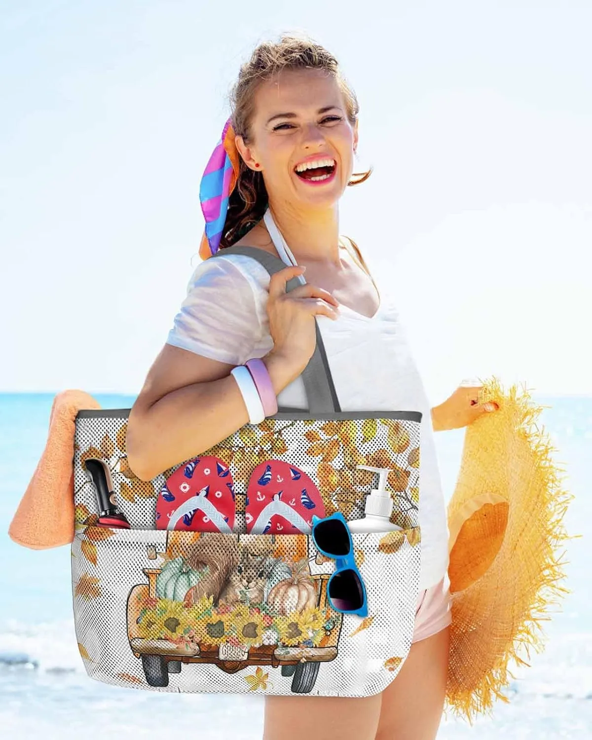 Beach Bag for Women Mesh Tote Bags Squirrel Sunflower Truck Autumn Thanksgiving Pool Bag with Pockets Travel Tote Bags