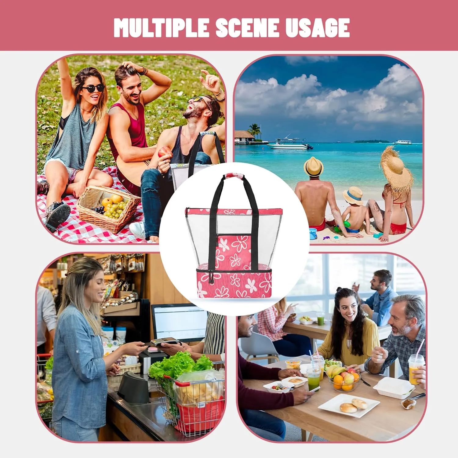 Beach Bag with Cooler,Mesh Beach Bags for Women Sandproof for Pool and Swimming Zipper Waterproof Bag