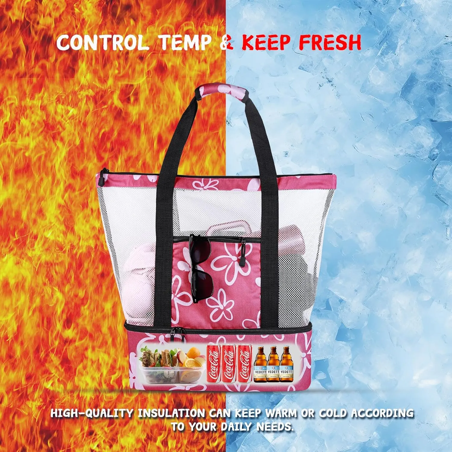 Beach Bag with Cooler,Mesh Beach Bags for Women Sandproof for Pool and Swimming Zipper Waterproof Bag
