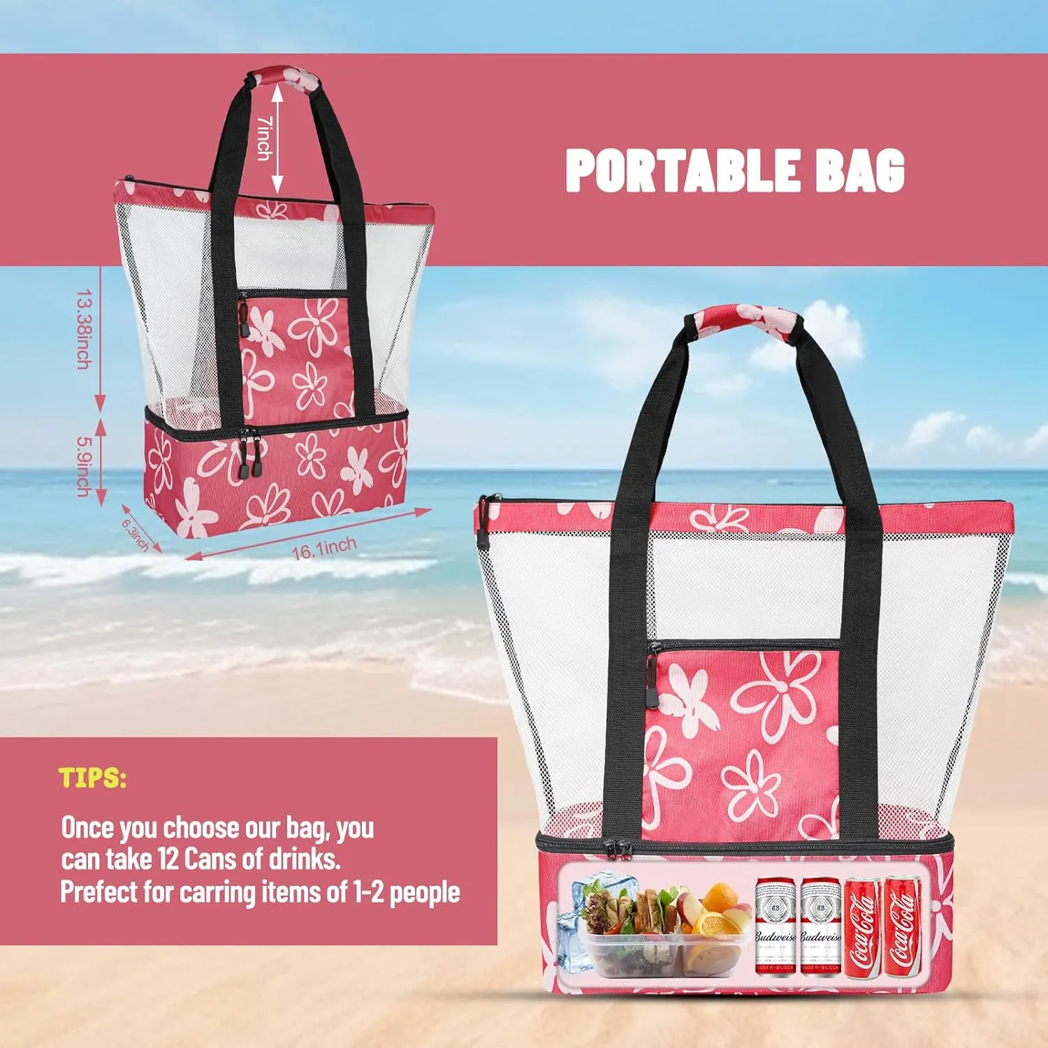 Beach Bag with Cooler,Mesh Beach Bags for Women Sandproof for Pool and Swimming Zipper Waterproof Bag
