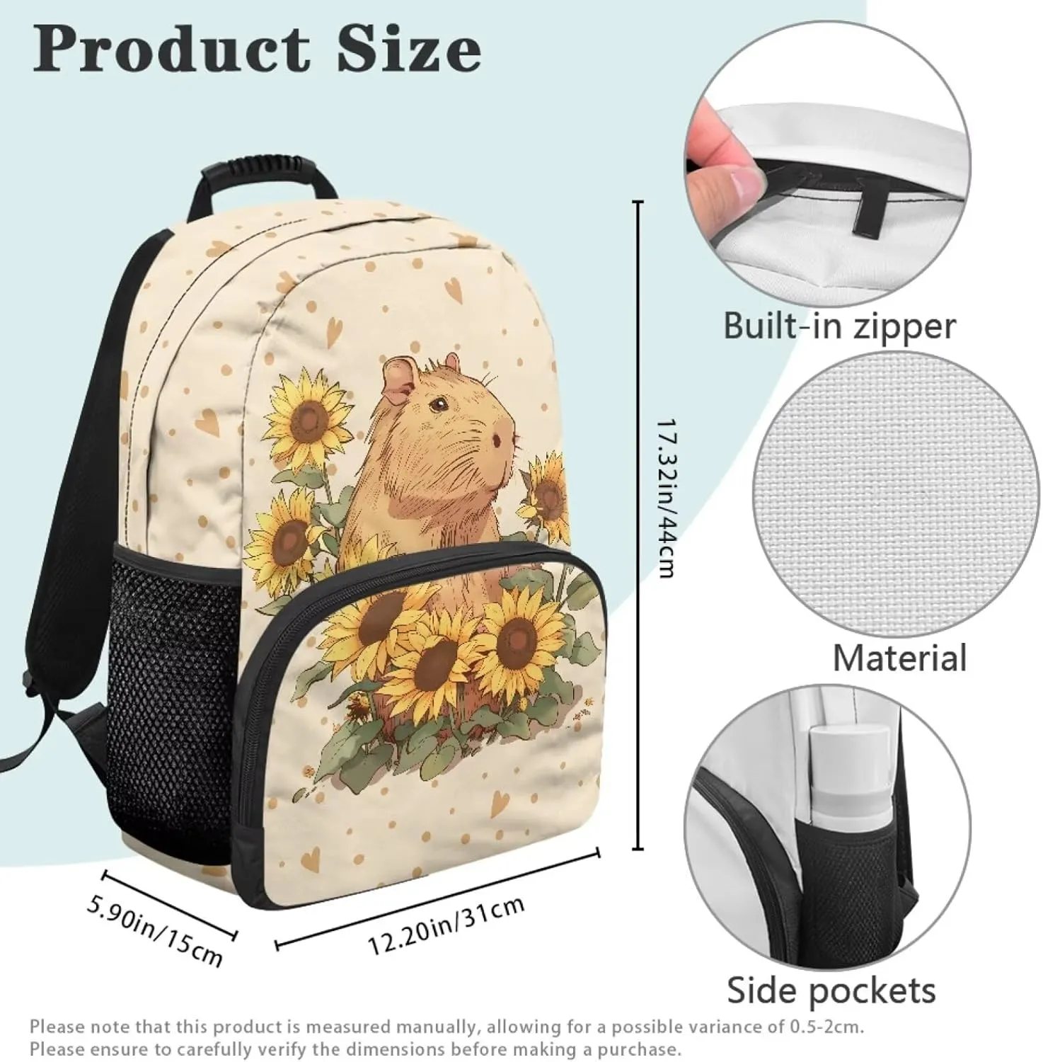 Beauty Collector Capybara Love Sunflower Backpacks Travel Laptop School Book Bag for Teens Kids